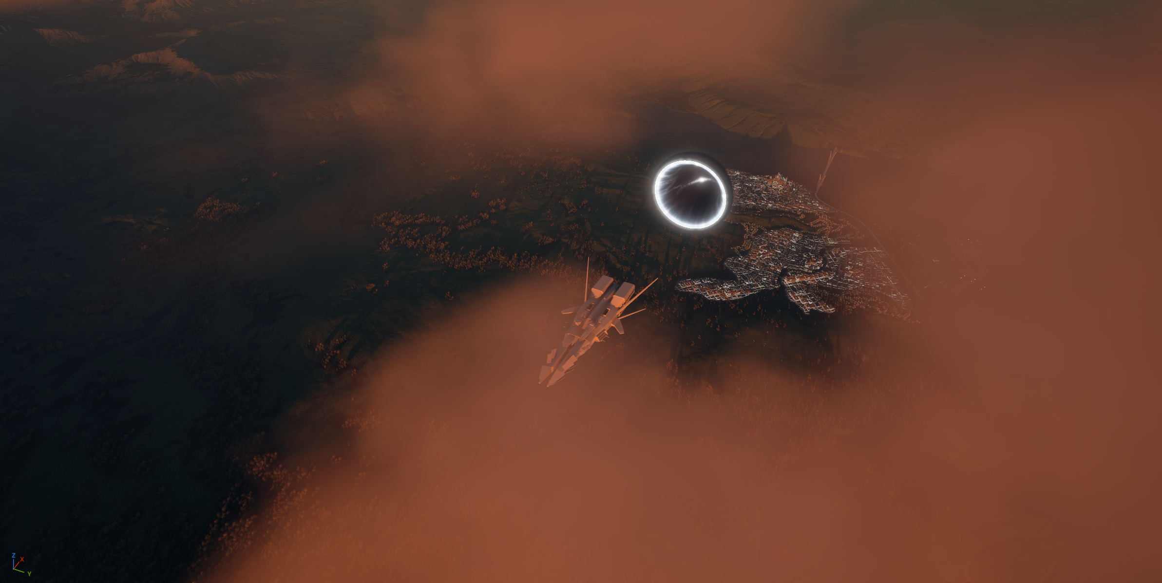A dreadnought above a city at dusk